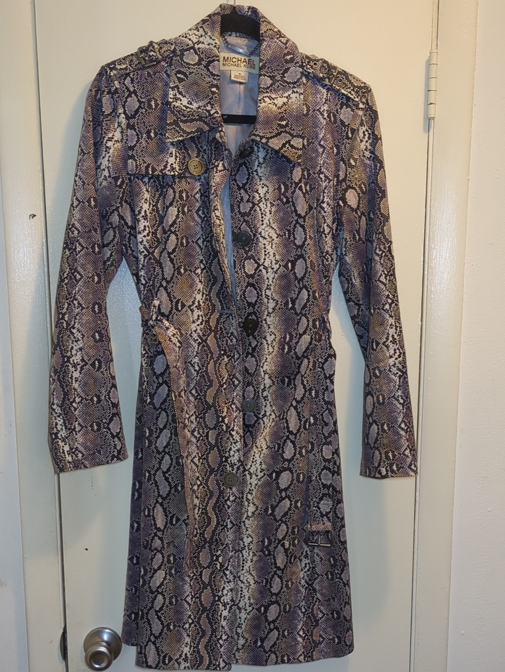 Michael Kors Purple Snake-Print Long Sleeve Trench Dress Size M NOW ONLY $80